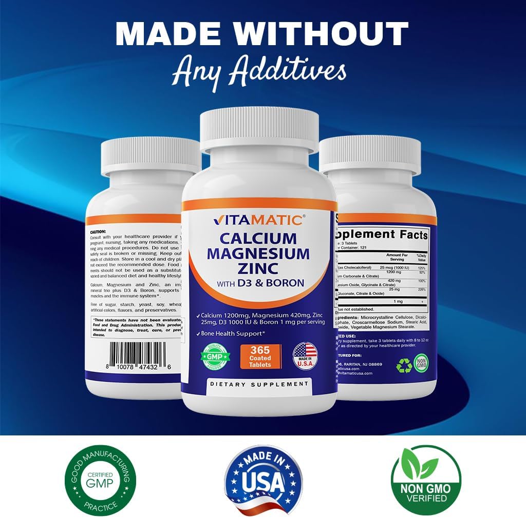 365 Count Vitamatic Calcium Magnesium Zinc D3 Boron Coated Tablets | Calcium 1200mg, Magnesium 420mg, Zinc 25mg, Vitamin D3 1000 IU, Boron 1mg | Non-GMO, Gluten Free | Made in USA