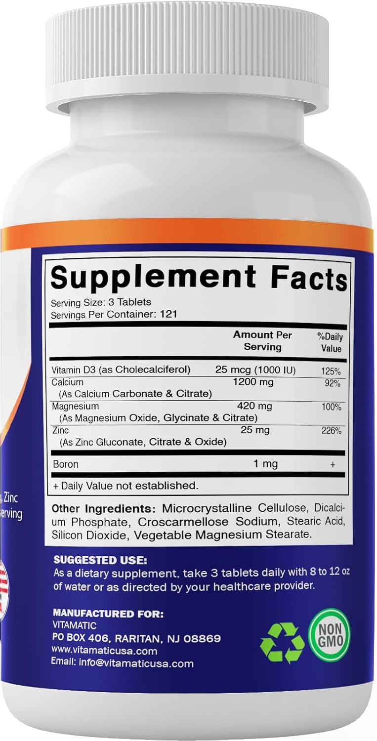 365 Count Vitamatic Calcium Magnesium Zinc D3 Boron Coated Tablets | Calcium 1200mg, Magnesium 420mg, Zinc 25mg, Vitamin D3 1000 IU, Boron 1mg | Non-GMO, Gluten Free | Made in USA