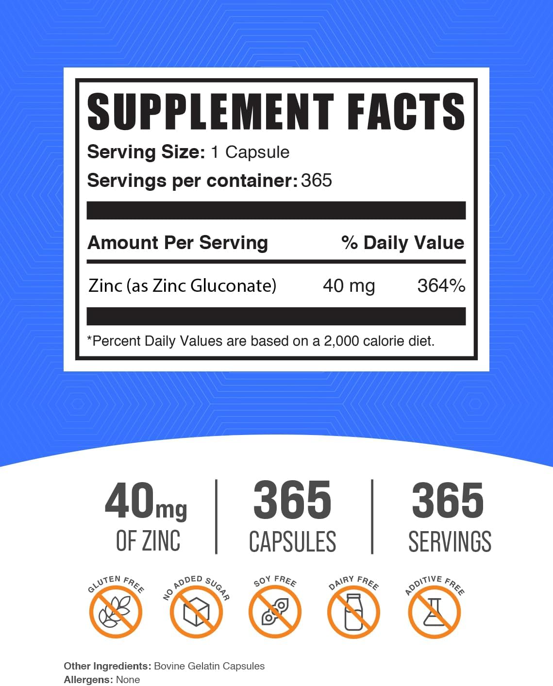 365 Count Zinc Gluconate Capsules - 40mg Zinc Pills for Immune Support - Gluten Free Supplement - 1 Capsule Per Serving