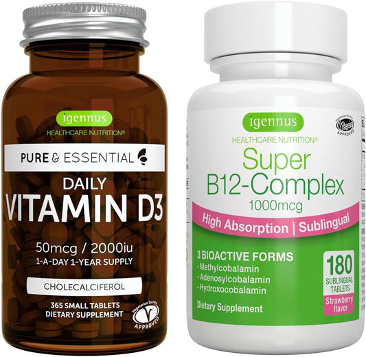 365 Day Supply of Igennus Healthcare Nutrition Vitamin D3 (2000iu) + Super B12-Complex Bundle for Vegetarians
