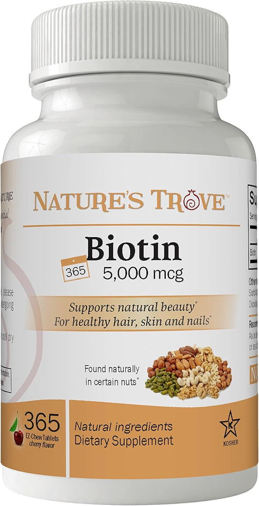 365 EZ Chew Tablets Cherry Flavor - Nature's Trove Biotin 5000 mcg Maximum Strength Supplement