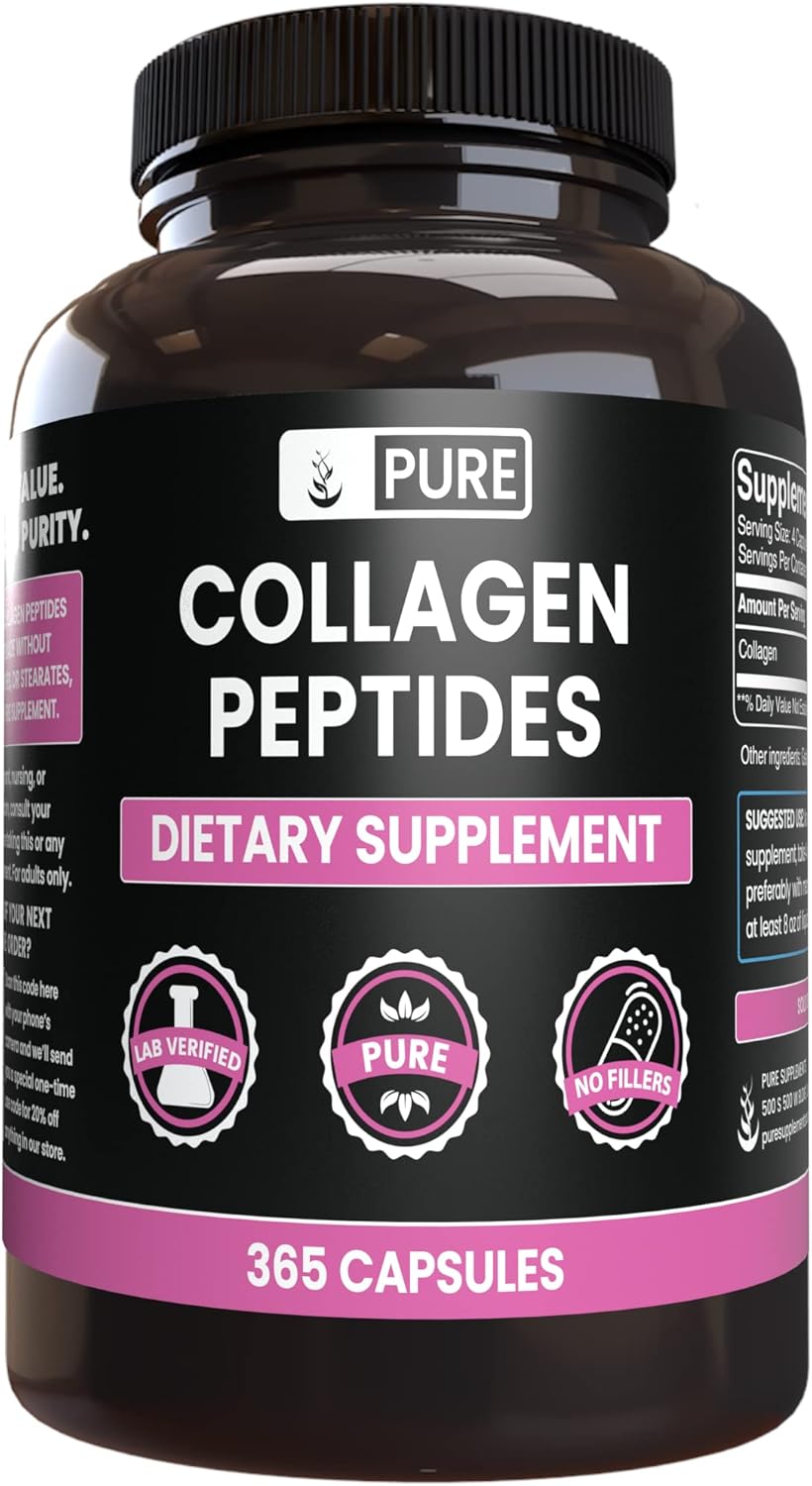 365 Pure Collagen Peptides Capsules, No Magnesium or Rice Fillers, Lab Verified Quality