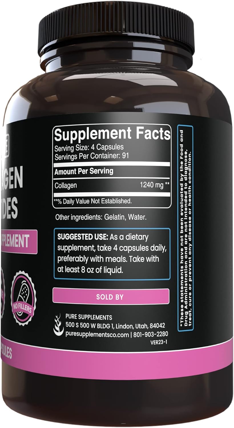 365 Pure Collagen Peptides Capsules, No Magnesium or Rice Fillers, Lab Verified Quality