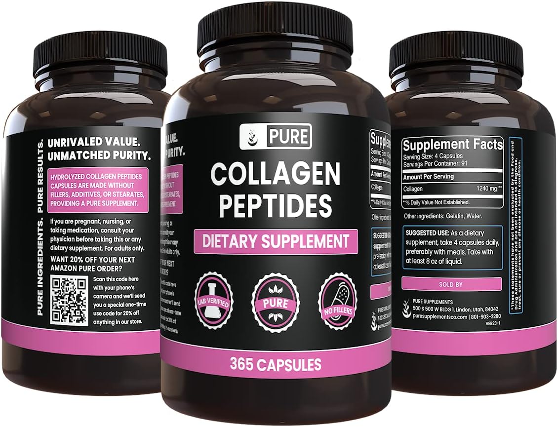 365 Pure Collagen Peptides Capsules, No Magnesium or Rice Fillers, Lab Verified Quality