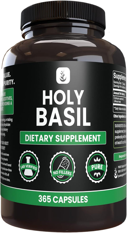365 Pure Holy Basil Capsules - No Magnesium or Rice Fillers, Lab Verified Quality