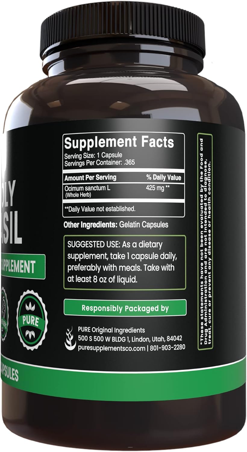 365 Pure Holy Basil Capsules - No Magnesium or Rice Fillers, Lab Verified Quality