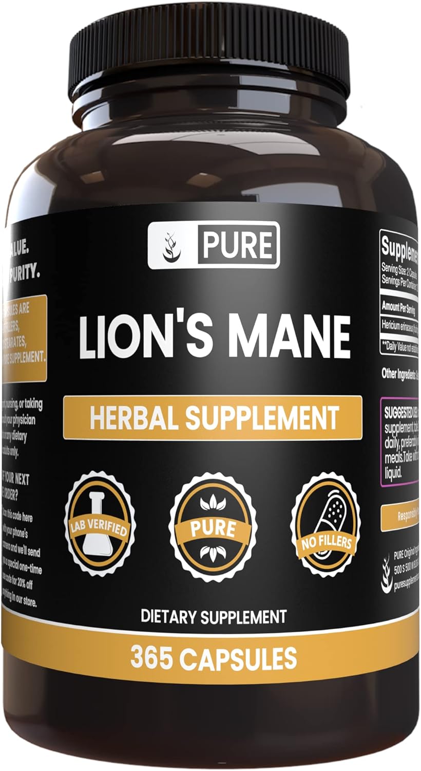 365 Pure Lion's Mane Capsules - Original Ingredients, Lab Verified, No Magnesium or Rice Fillers
