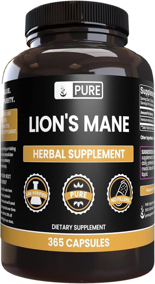 365 Pure Lion's Mane Capsules - Original Ingredients, Lab Verified, No Magnesium or Rice Fillers