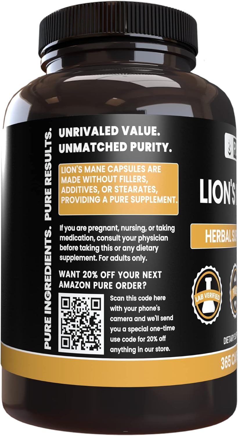 365 Pure Lion's Mane Capsules - Original Ingredients, Lab Verified, No Magnesium or Rice Fillers