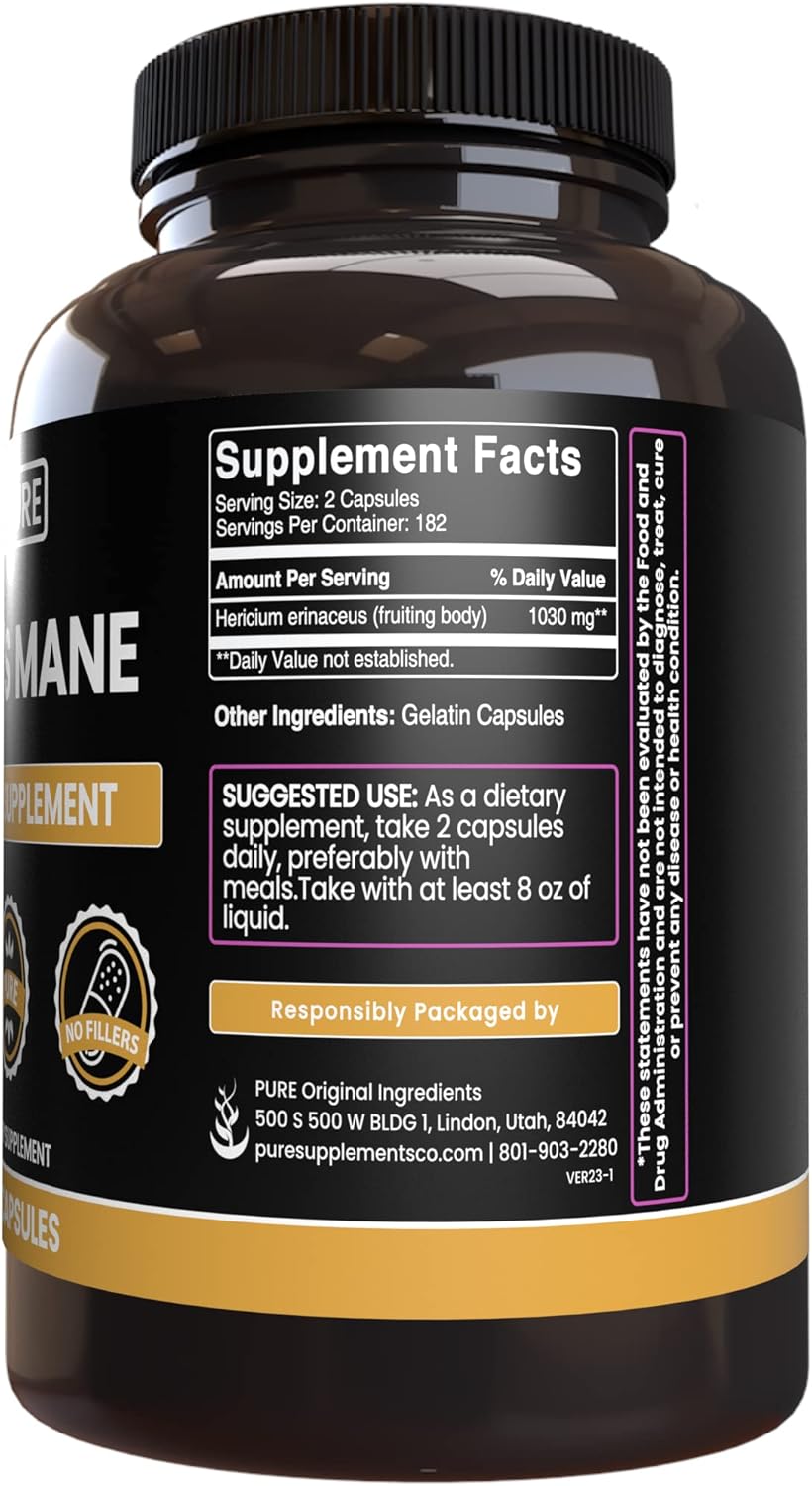 365 Pure Lion's Mane Capsules - Original Ingredients, Lab Verified, No Magnesium or Rice Fillers