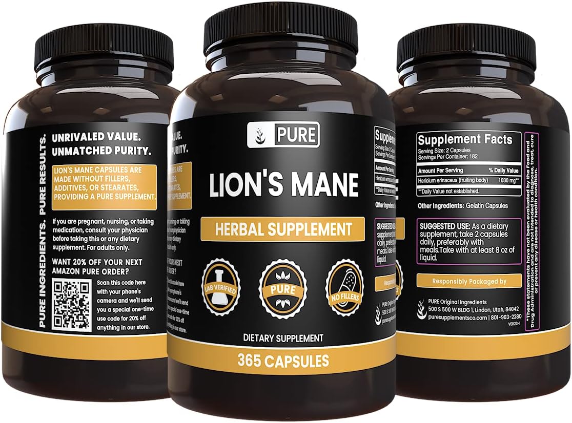 365 Pure Lion's Mane Capsules - Original Ingredients, Lab Verified, No Magnesium or Rice Fillers