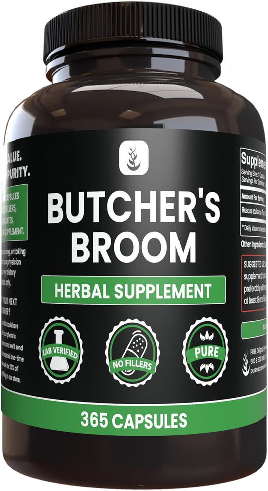 365 Pure Original Butcher's Broom Capsules - No Magnesium or Rice Fillers - Lab Verified Quality