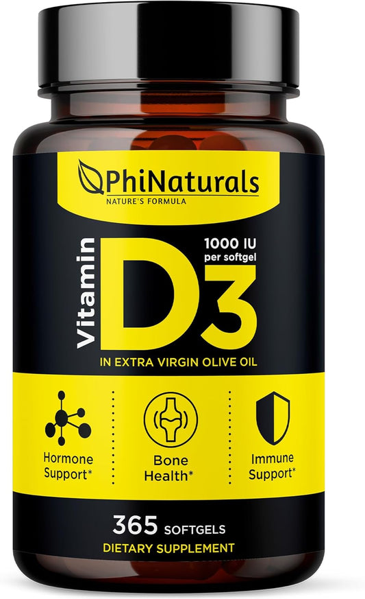 365 Softgel Capsules of PhiNaturals Vitamin D3 1000IU with Olive Oil Base - One Year Supply of Vitamin D Supplement