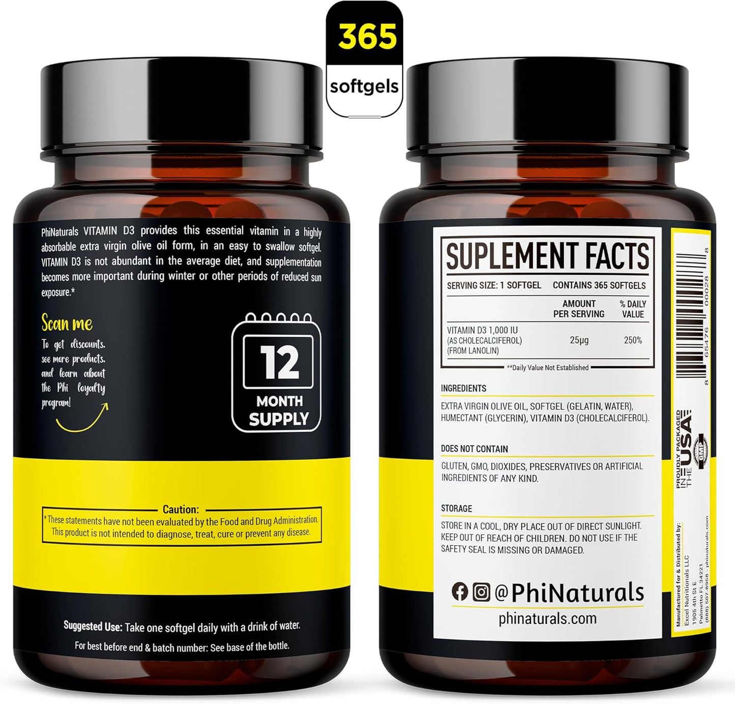 365 Softgel Capsules of PhiNaturals Vitamin D3 1000IU with Olive Oil Base - One Year Supply of Vitamin D Supplement
