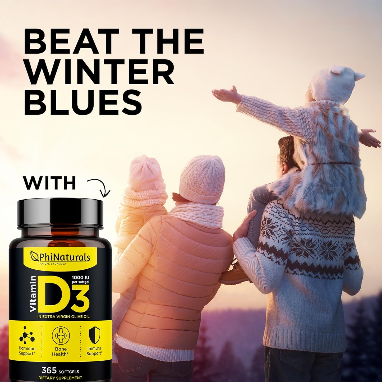365 Softgel Capsules of PhiNaturals Vitamin D3 1000IU with Olive Oil Base - One Year Supply of Vitamin D Supplement