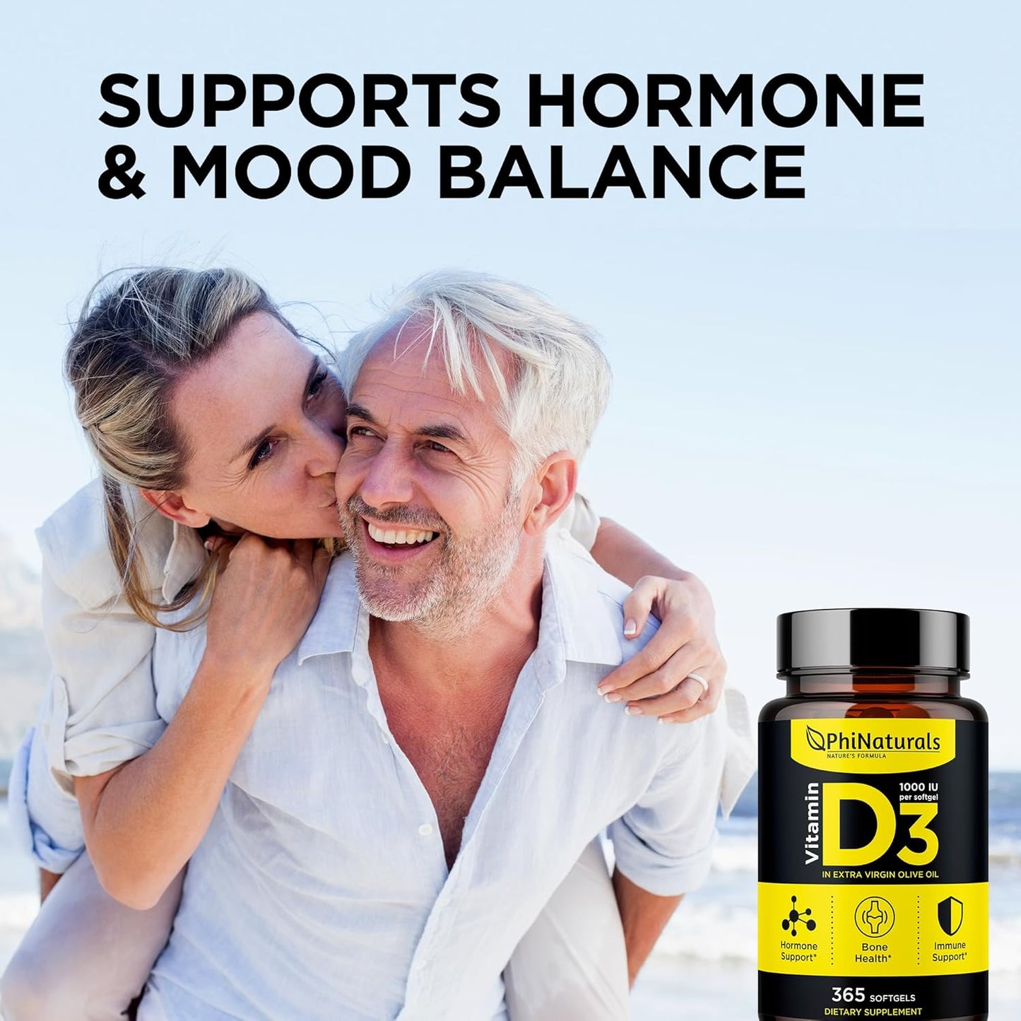 365 Softgel Capsules of PhiNaturals Vitamin D3 1000IU with Olive Oil Base - One Year Supply of Vitamin D Supplement