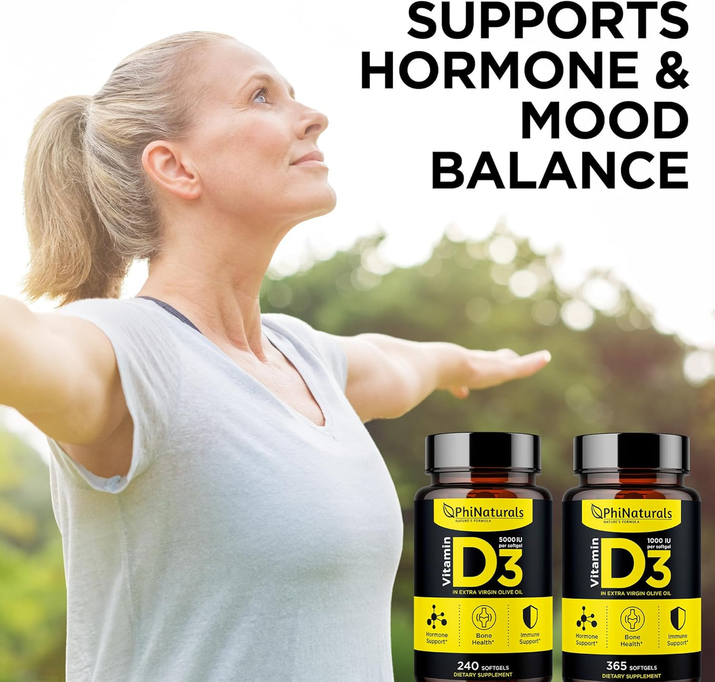 365 Softgel Capsules of PhiNaturals Vitamin D3 1000IU with Olive Oil Base - One Year Supply of Vitamin D Supplement