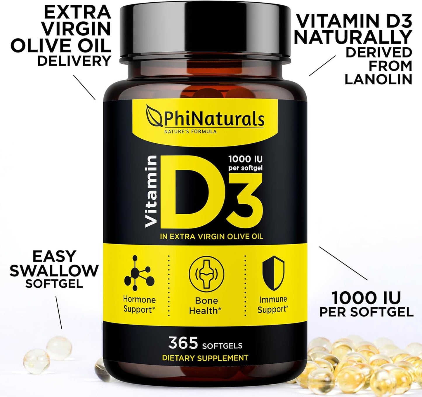 365 Softgel Capsules of PhiNaturals Vitamin D3 1000IU with Olive Oil Base - One Year Supply of Vitamin D Supplement