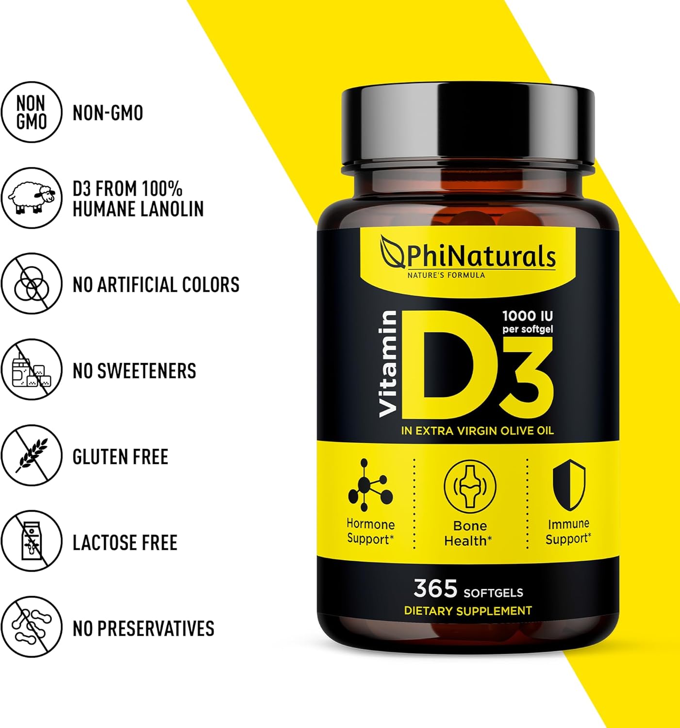365 Softgel Capsules of PhiNaturals Vitamin D3 1000IU with Olive Oil Base - One Year Supply of Vitamin D Supplement