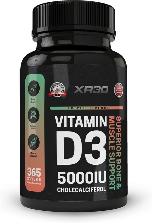 365 Softgels XR30 Vitamin D3 5000IU Cholecalciferol for Bone & Muscle Support - USA Made