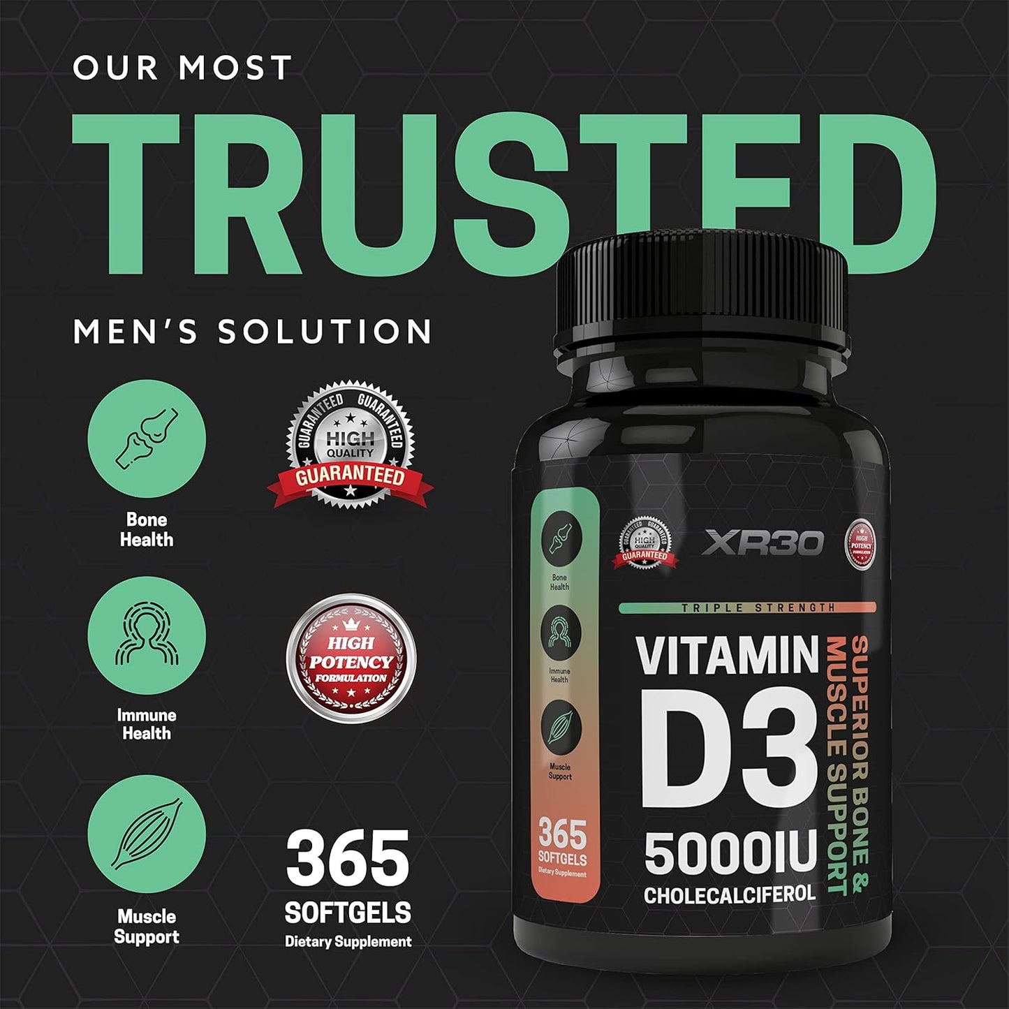 365 Softgels XR30 Vitamin D3 5000IU Cholecalciferol for Bone & Muscle Support - USA Made