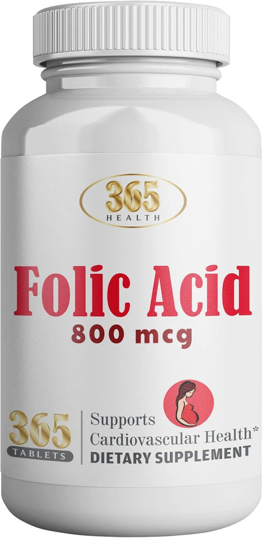 365 Tablets Health Folic Acid 800mcg - Essential Vitamin B9 for Cardiovascular Support, Prenatal & Postnatal Health - Non-GMO, Vegan Formula