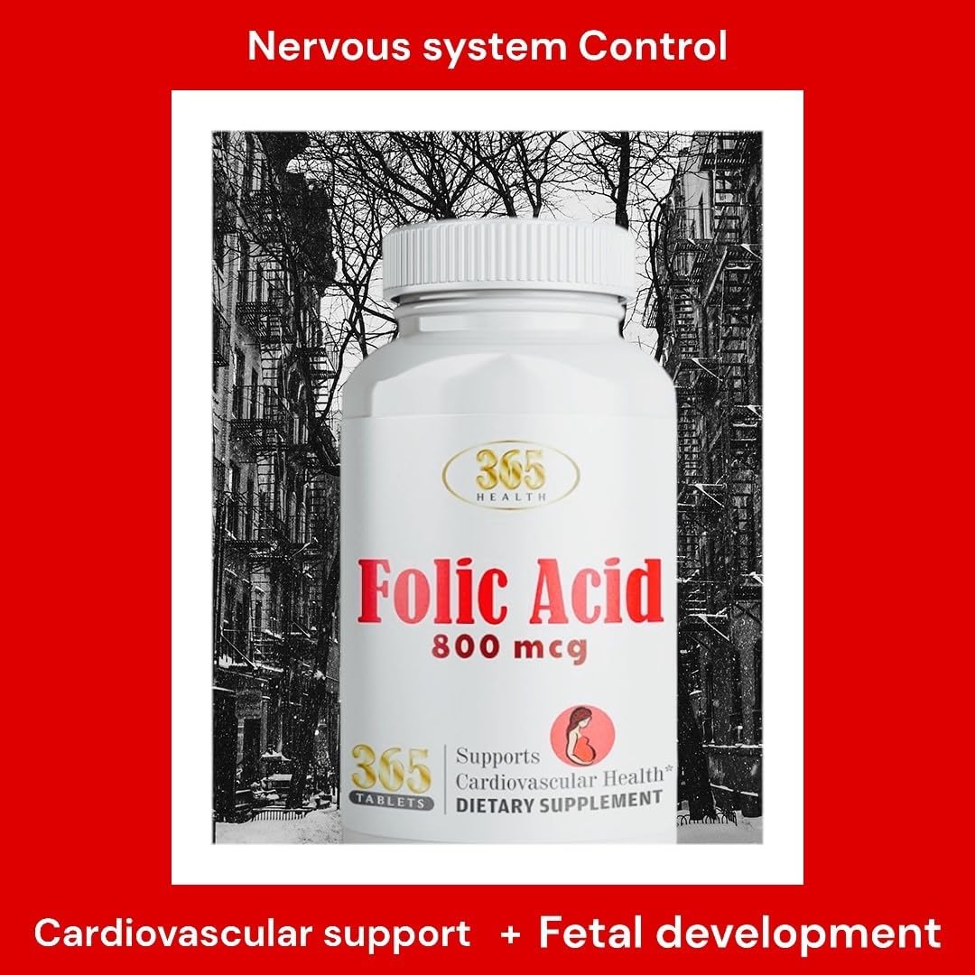 365 Tablets Health Folic Acid 800mcg - Essential Vitamin B9 for Cardiovascular Support, Prenatal & Postnatal Health - Non-GMO, Vegan Formula