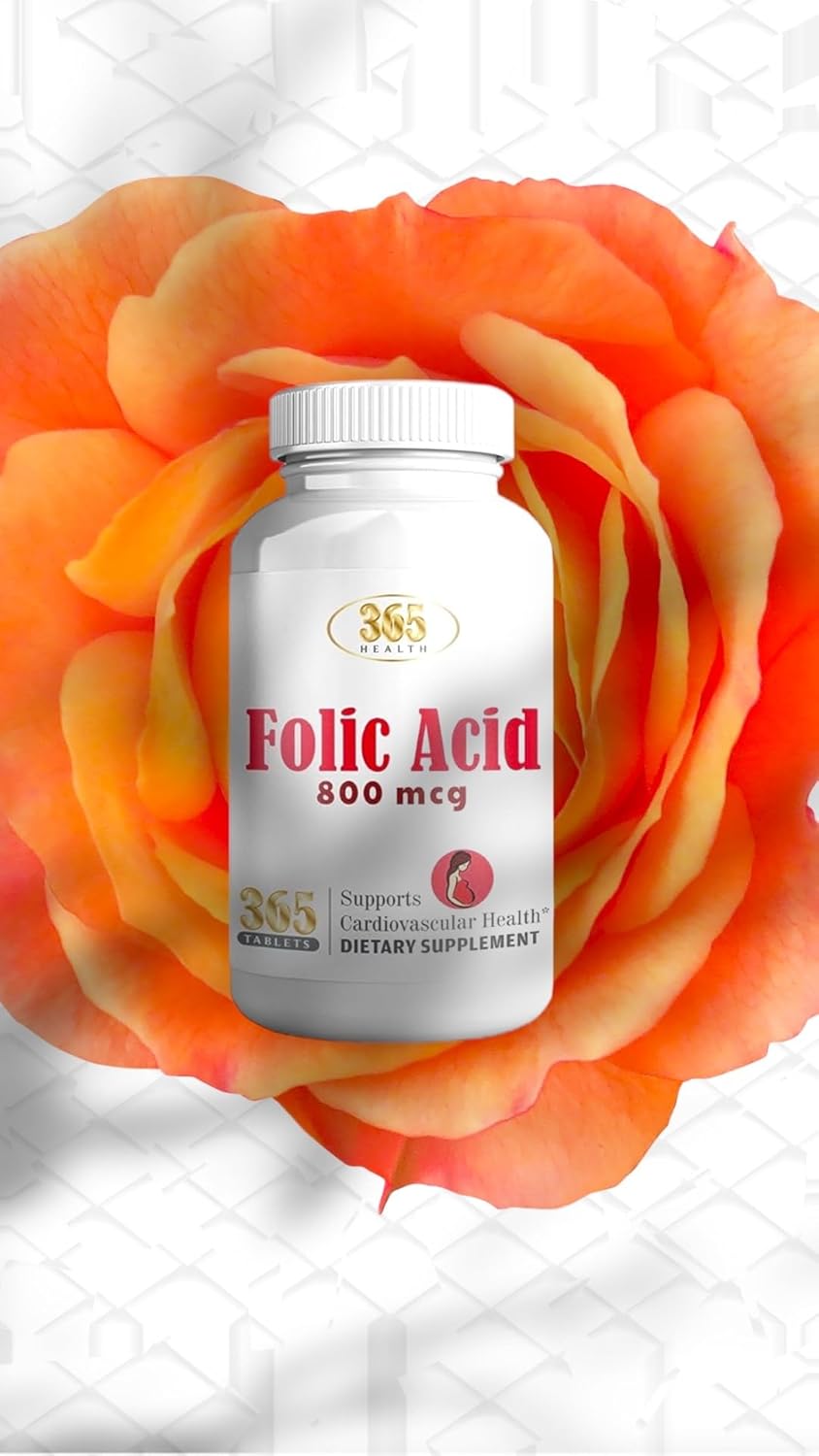 365 Tablets Health Folic Acid 800mcg - Essential Vitamin B9 for Cardiovascular Support, Prenatal & Postnatal Health - Non-GMO, Vegan Formula