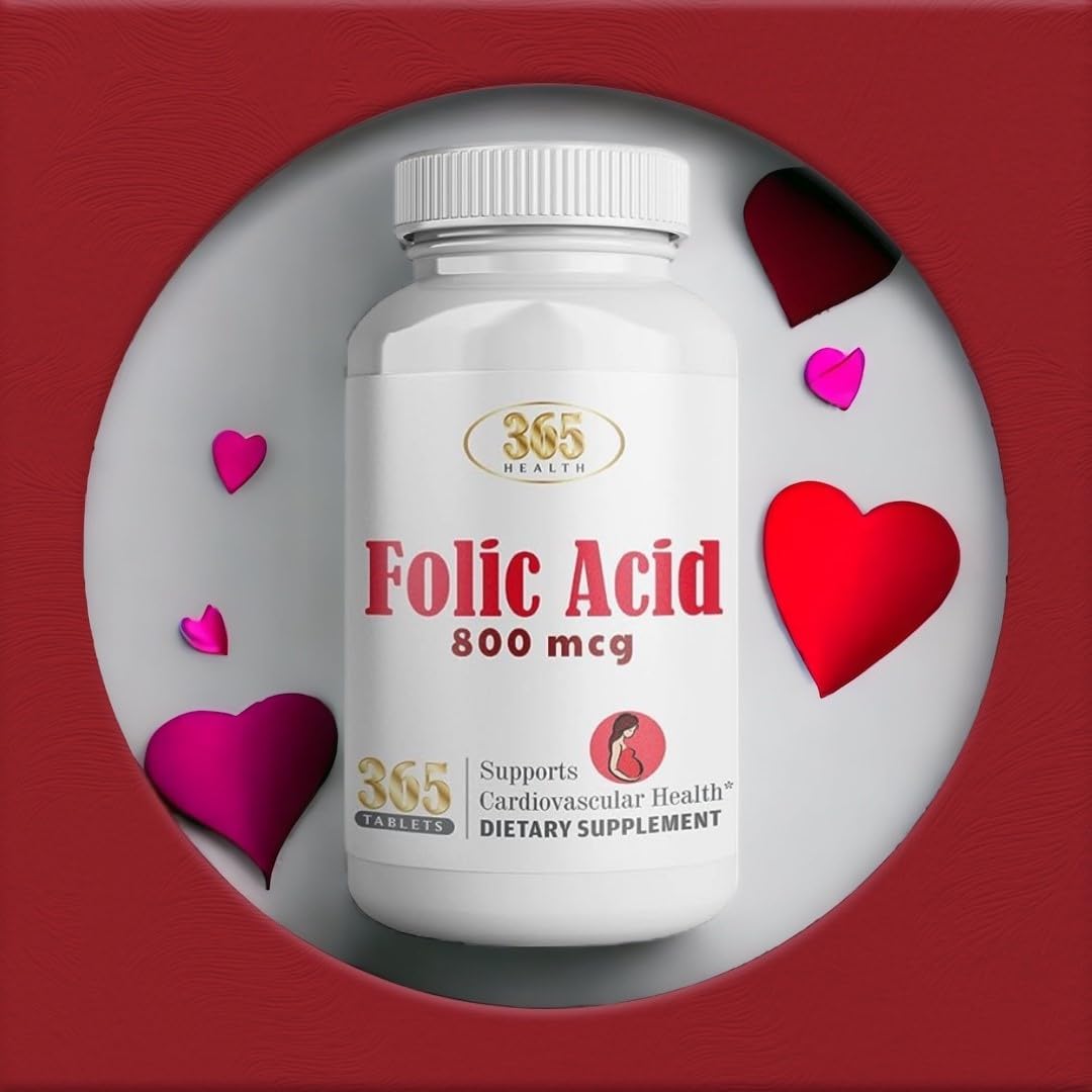 365 Tablets Health Folic Acid 800mcg - Essential Vitamin B9 for Cardiovascular Support, Prenatal & Postnatal Health - Non-GMO, Vegan Formula