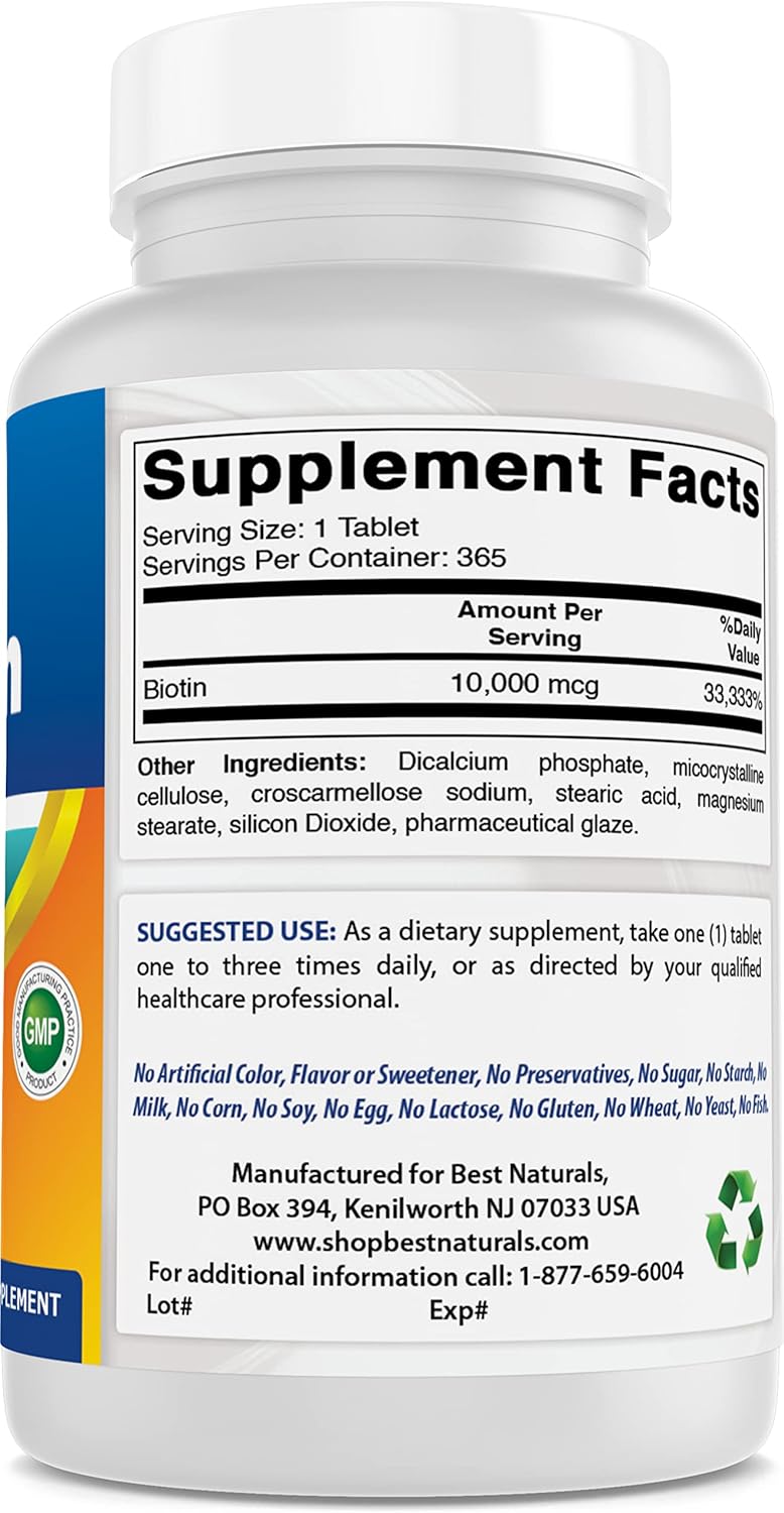 365 Tablets of Best Naturals Biotin 10,000 mcg (Vitamin B7) - Pack of 2