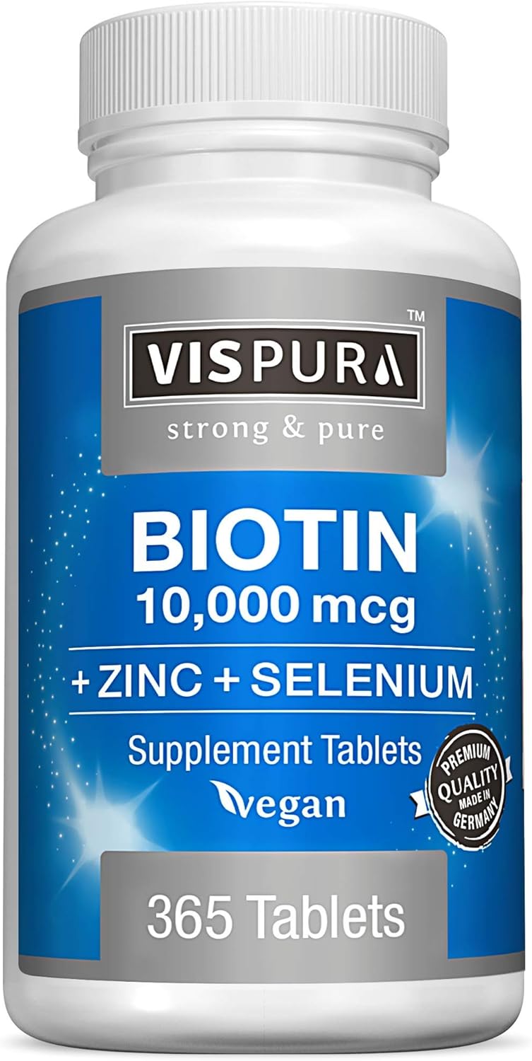 365 Tablets VISPURA Biotin 10000 mcg + Zinc + Selenium for Hair Growth, Skin & Nails - Pure Vegan Supplement, Extra Strong Formula without Additives, 1 Year Supply