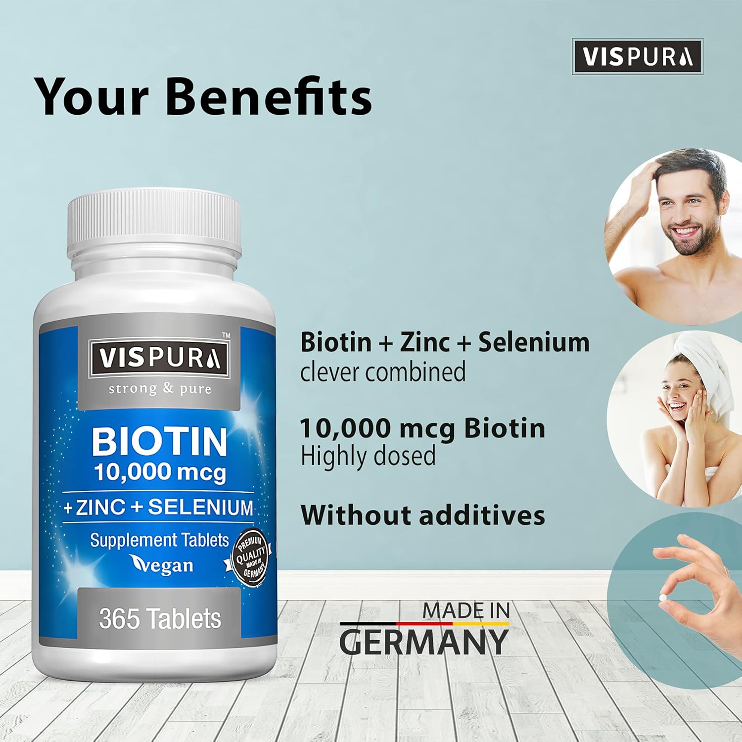365 Tablets VISPURA Biotin 10000 mcg + Zinc + Selenium for Hair Growth, Skin & Nails - Pure Vegan Supplement, Extra Strong Formula without Additives, 1 Year Supply