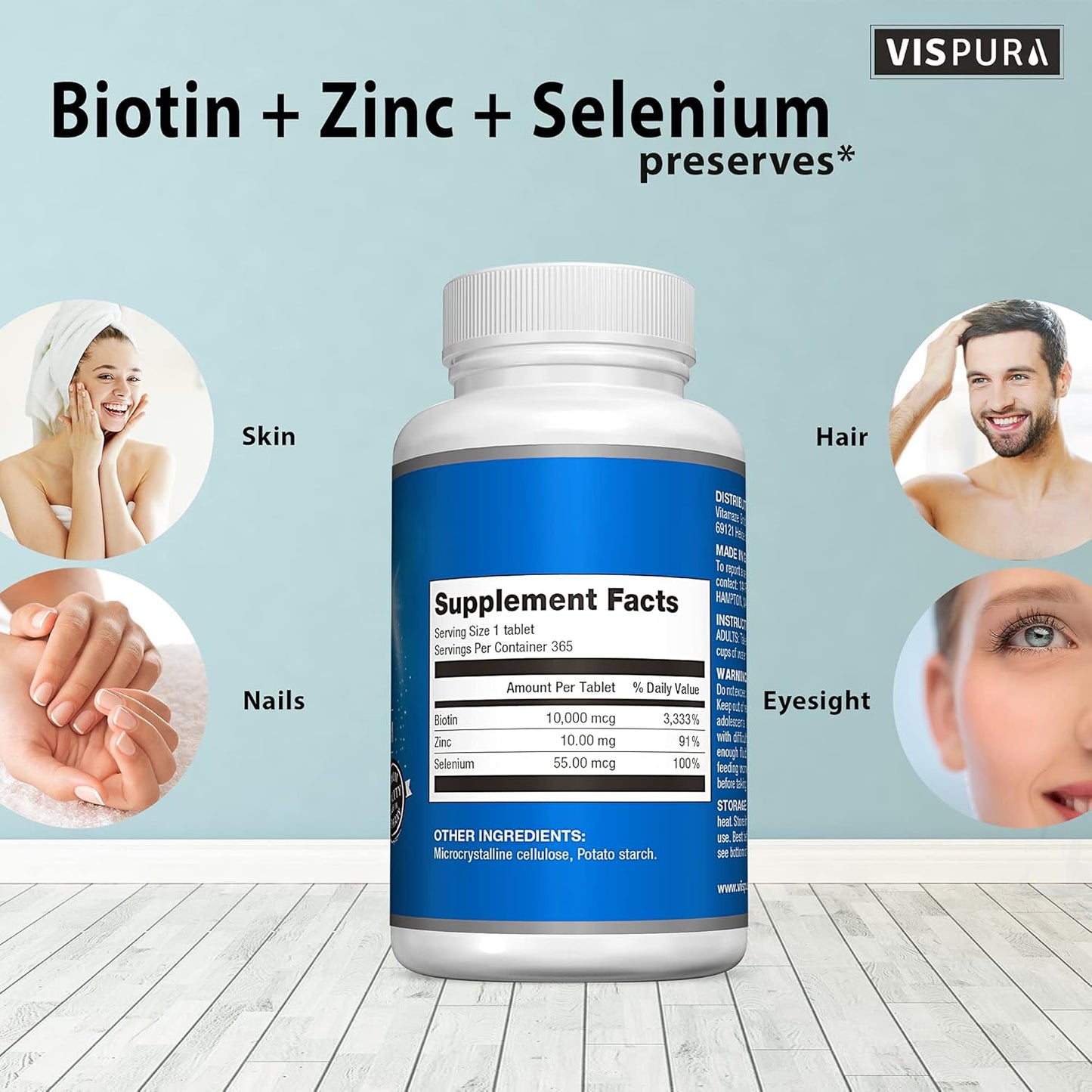 365 Tablets VISPURA Biotin 10000 mcg + Zinc + Selenium for Hair Growth, Skin & Nails - Pure Vegan Supplement, Extra Strong Formula without Additives, 1 Year Supply