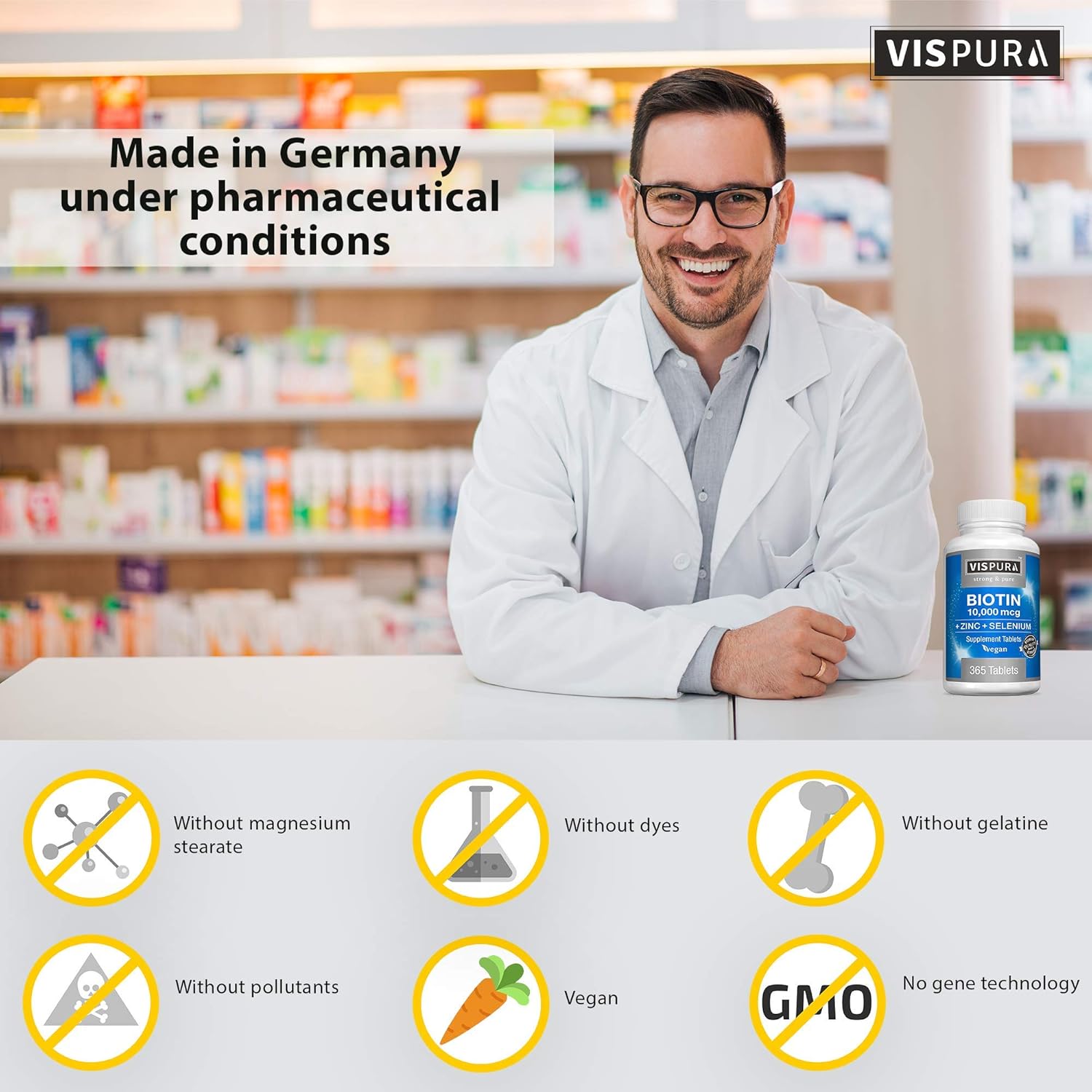 365 Tablets VISPURA Biotin 10000 mcg + Zinc + Selenium for Hair Growth, Skin & Nails - Pure Vegan Supplement, Extra Strong Formula without Additives, 1 Year Supply