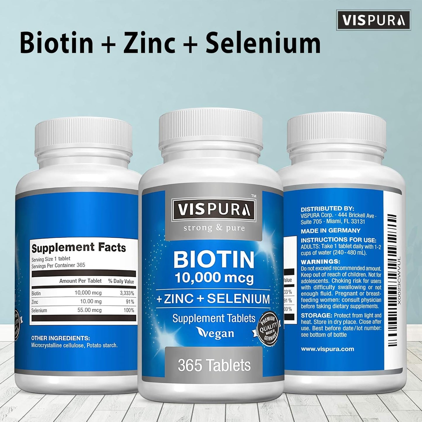 365 Tablets VISPURA Biotin 10000 mcg + Zinc + Selenium for Hair Growth, Skin & Nails - Pure Vegan Supplement, Extra Strong Formula without Additives, 1 Year Supply