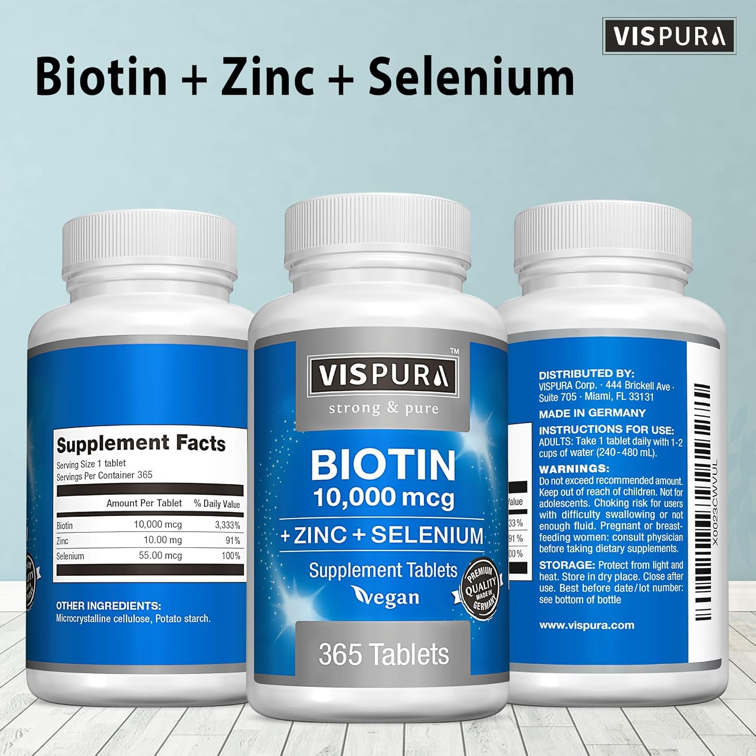 365 Tablets VISPURA Biotin 10000 mcg + Zinc + Selenium for Hair Growth, Skin & Nails - Pure Vegan Supplement, Extra Strong Formula without Additives, 1 Year Supply