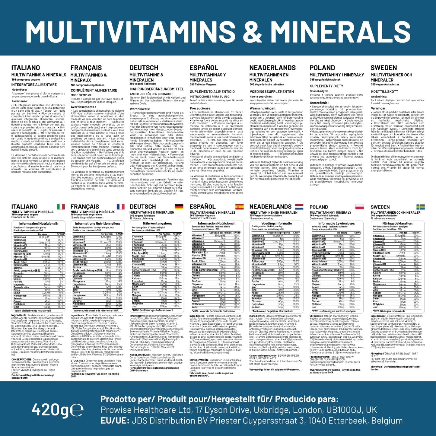 365 Vegan Multivitamin & Mineral Tablets | 1 Year Supply | 26 Essential Nutrients | Made in UK | Prowise Healthcare
