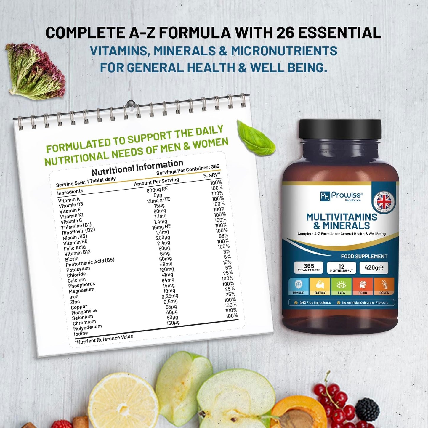 365 Vegan Multivitamin & Mineral Tablets | 1 Year Supply | 26 Essential Nutrients | Made in UK | Prowise Healthcare