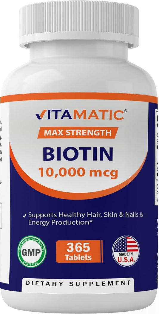 365 Vegan Tablets of Vitamatic Biotin 10,000 mcg for Hair, Skin, and Nails - Vitamin B7 Supplement