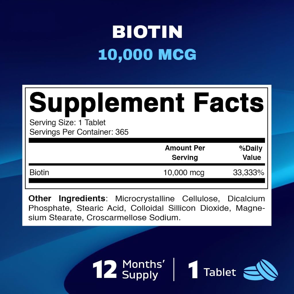 365 Vegan Tablets of Vitamatic Biotin 10,000 mcg for Hair, Skin, and Nails - Vitamin B7 Supplement