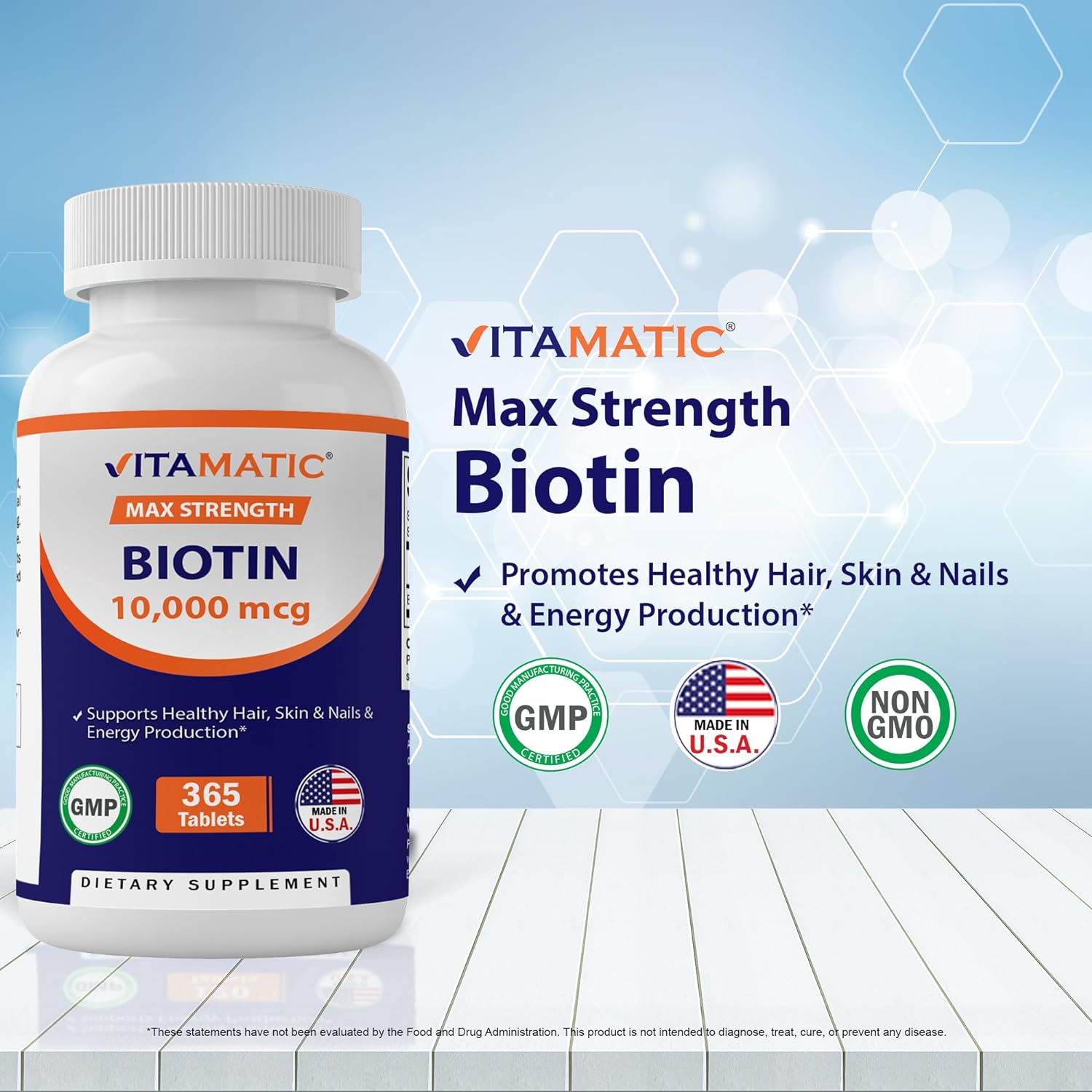 365 Vegan Tablets of Vitamatic Biotin 10,000 mcg for Hair, Skin, and Nails - Vitamin B7 Supplement
