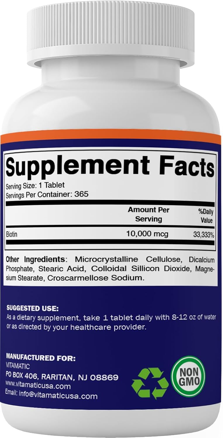 365 Vegan Tablets of Vitamatic Biotin 10,000 mcg for Hair, Skin, and Nails - Vitamin B7 Supplement