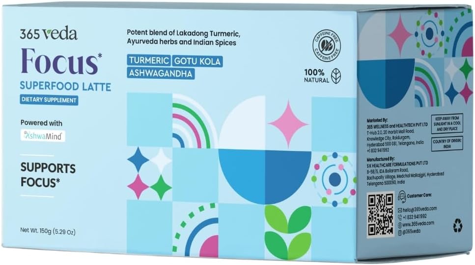 365veda Focus Superfood Latte Butterscotch Sachets with Ashwagandha, Curcumin, and Gotu Kola for Memory & Focus, 100% Natural, Gluten-Free, Non-GMO (30 Count)