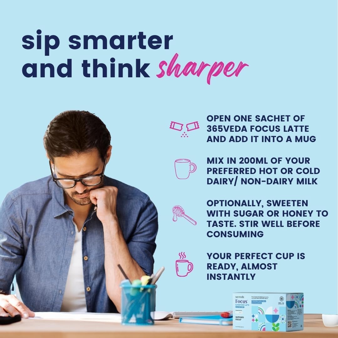 365veda Focus Superfood Latte Butterscotch Sachets with Ashwagandha, Curcumin, and Gotu Kola for Memory & Focus, 100% Natural, Gluten-Free, Non-GMO (30 Count)