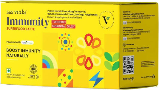 365veda Immunity Boost Latte: Moringa & Giloy, Turmeric, 100% Natural, Supports Digestion, Gluten-Free Sachets (30)