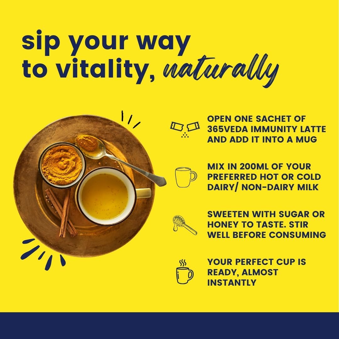365veda Immunity Boost Latte: Moringa & Giloy, Turmeric, 100% Natural, Supports Digestion, Gluten-Free Sachets (30)