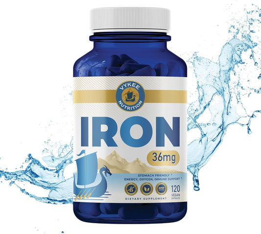36mg Iron Supplement for Energy & Immune Health | Vegan, Non-GMO | High Absorption Iron Bisglycinate | Gentle on Stomachs | 120 Capsules