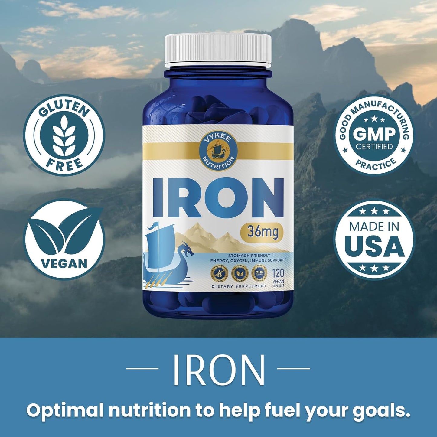 36mg Iron Supplement for Energy & Immune Health | Vegan, Non-GMO | High Absorption Iron Bisglycinate | Gentle on Stomachs | 120 Capsules