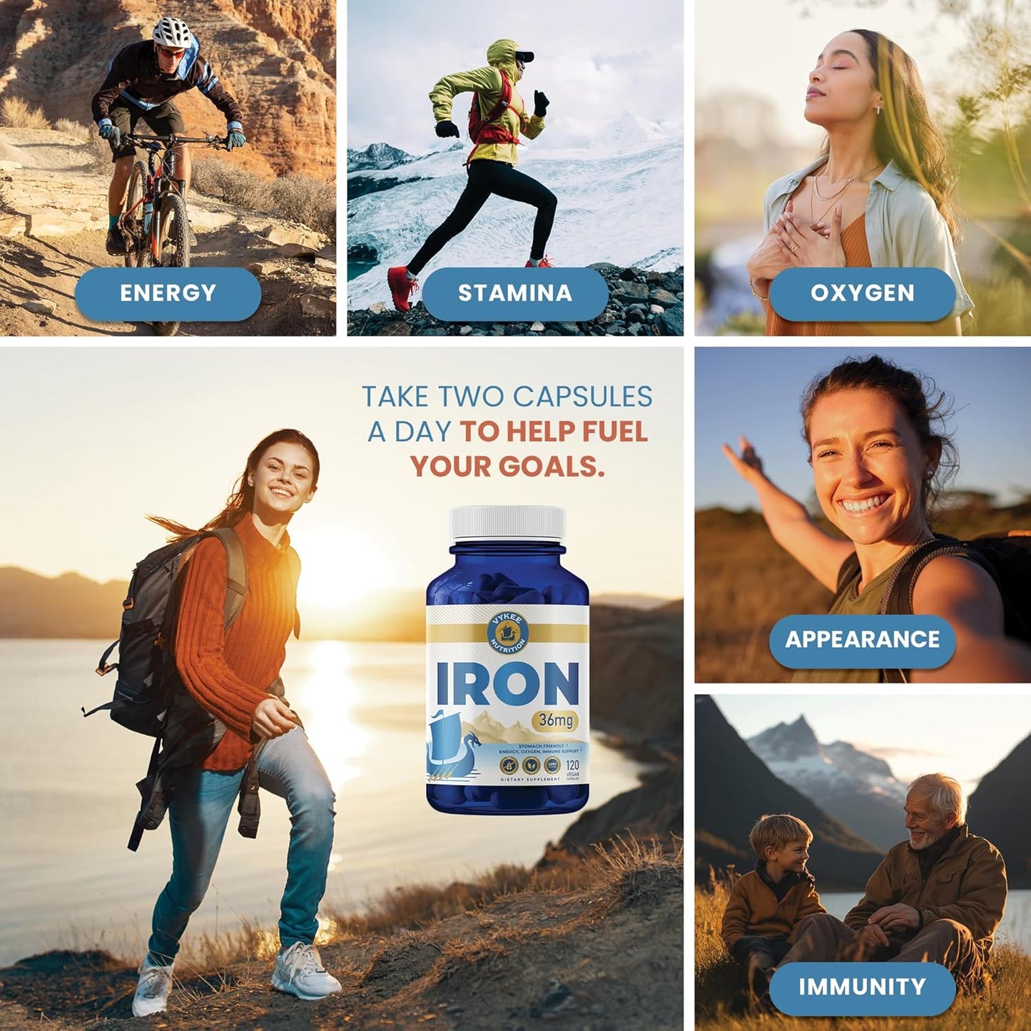 36mg Iron Supplement for Energy & Immune Health | Vegan, Non-GMO | High Absorption Iron Bisglycinate | Gentle on Stomachs | 120 Capsules