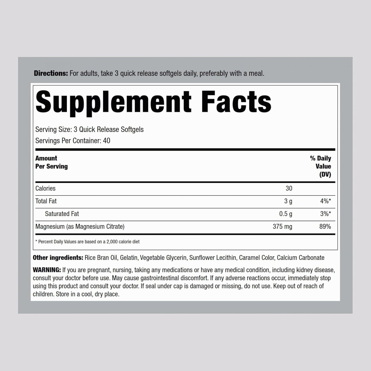 375 mg Magnesium Citrate Softgels for High Absorption - Non-GMO & Gluten Free - 120 Count
